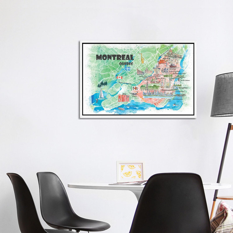 Montreal Quebec Canada Illustrated Map 1 Piece Painting on Canvas, 66.04cm H x 101.6cm W x 3.81cm D, White Floater Framed