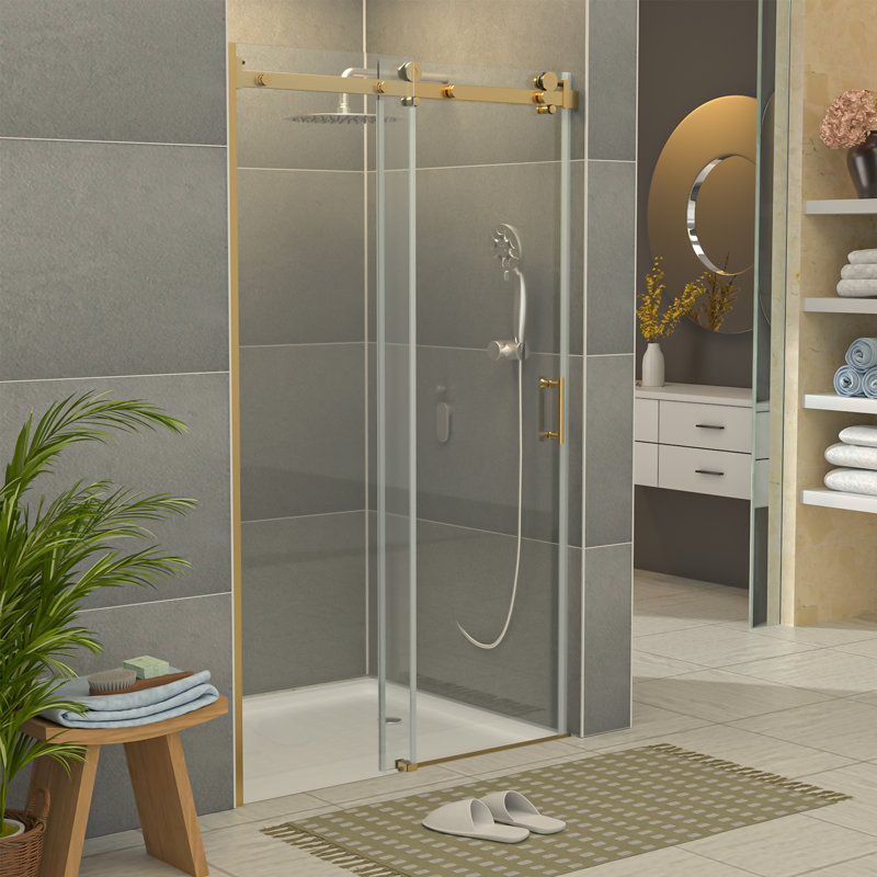 48"- 49" W X 76" H Single Sliding Frameless Shower Door With 5/16 In. Clear Tempered Glass, Gold
