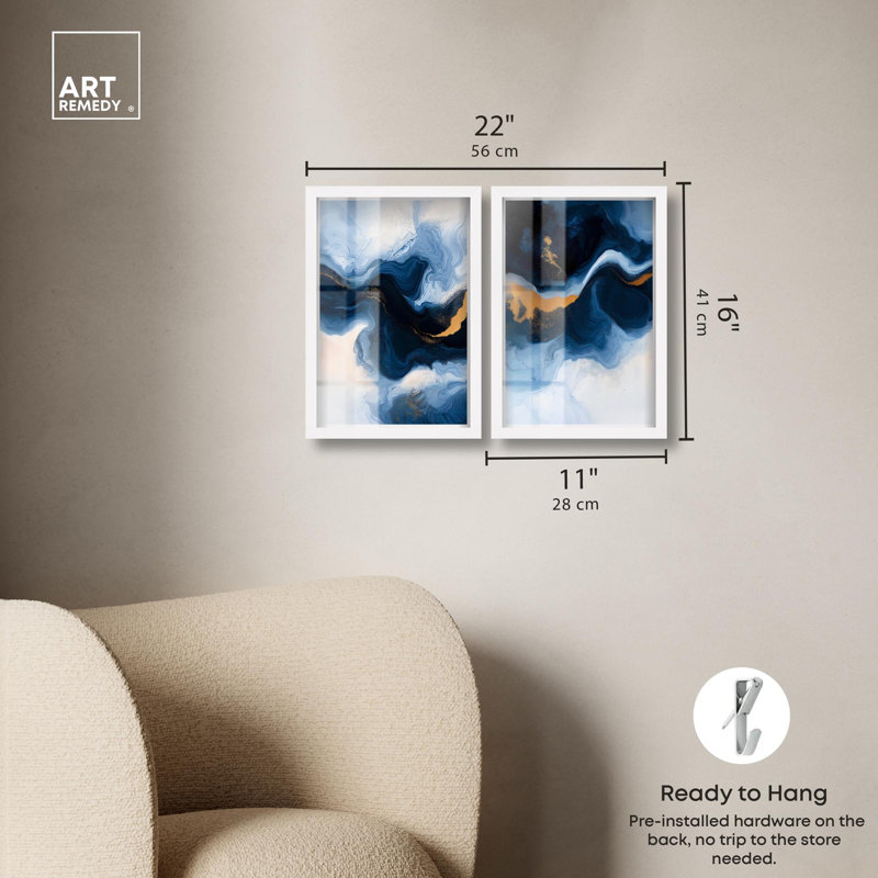 Ensemble artistique « Blue Deep Harmony » d'Art Remedy : impression sous cadre et tableau aux tons bleu et sauge, cadre noir, 10 x 15