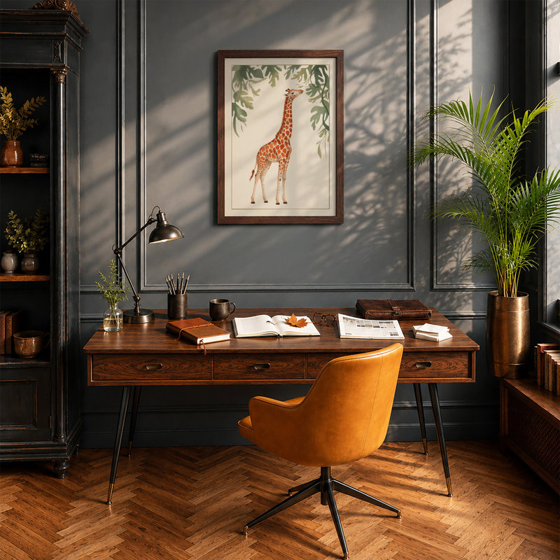 Giraffe Reaching High Boho - Framed Print, A2 - 59.4 x 42.0 cm, Walnut