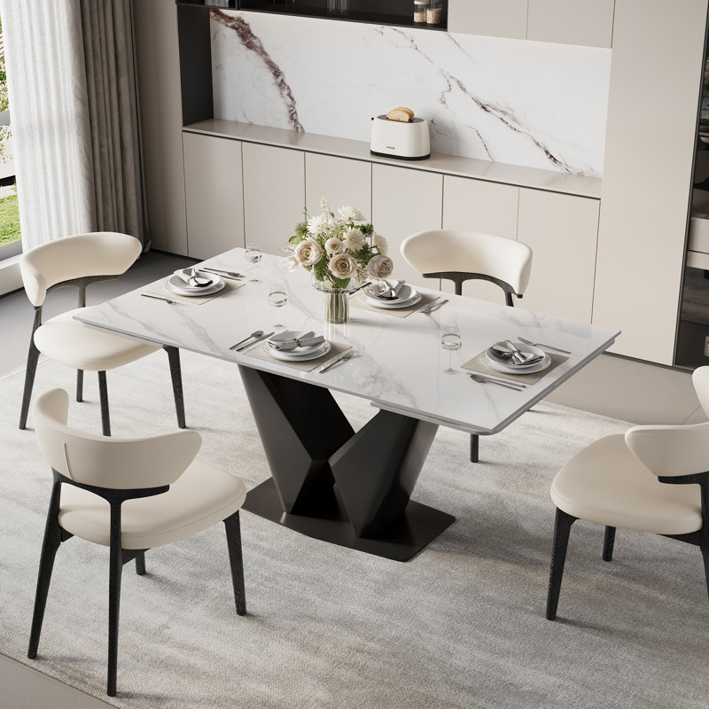 63-95" Modern Extendable Dining Table,White Glossy Sintered Stone Table top, Black Carbon Steel Base for 4-10
