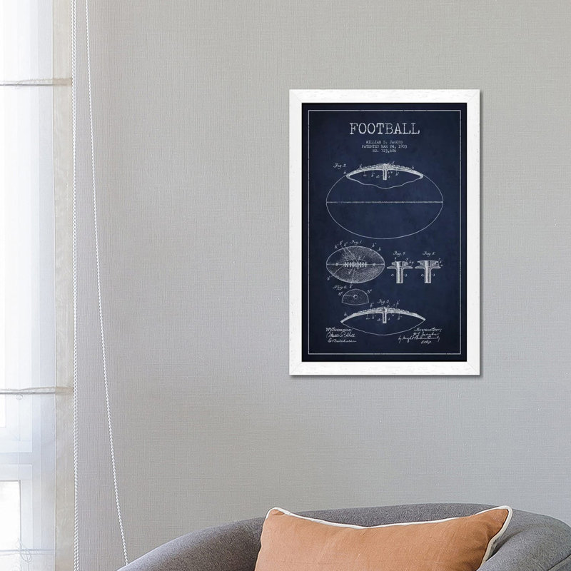 Football All Navy Blue Patent Blueprint by Aged Pixel - Floater Frame Print on Canvas, 66.04 cm H x 45.72 cm W, White Framed