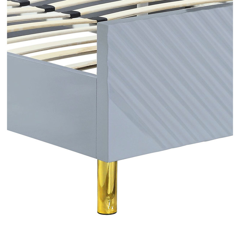 Lit Ek gris ultrabrillant avec motif ondulé et pieds en métal, 39 lattes, 4 structures de support, capacité de 660 lb, l 86 po x P 81 po, H 46 po
