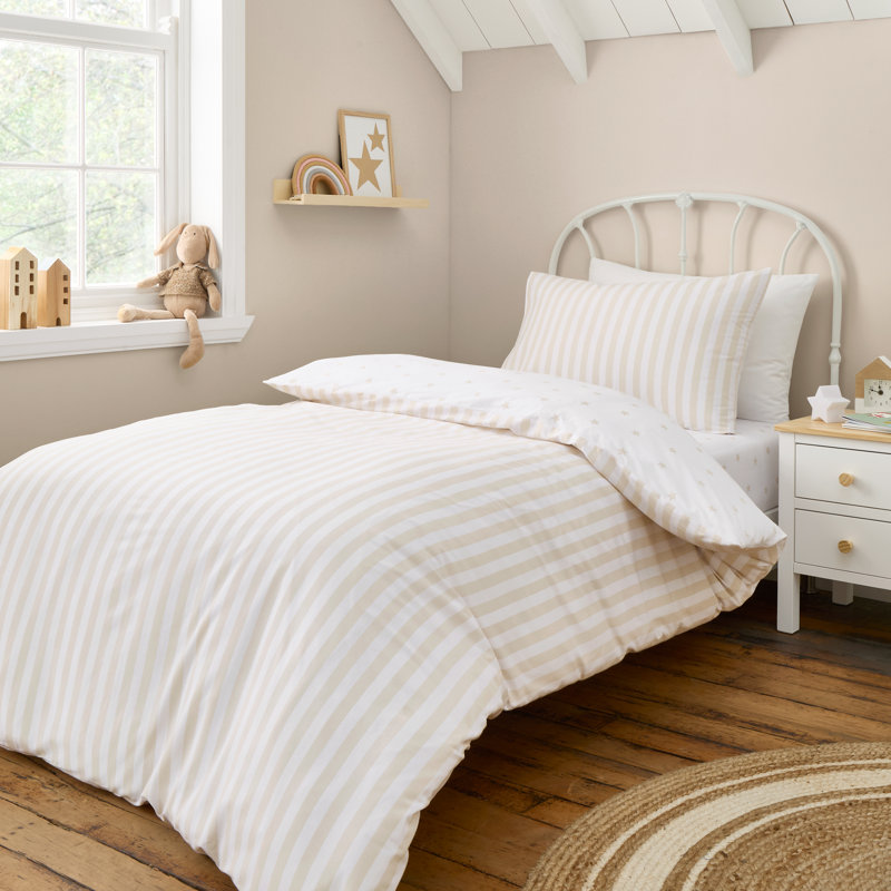 Mini Star & Stripes Reversible Cotton Duvet Cover Set, Single Duvet Cover + 1 Standard Pillowcase, Natural
