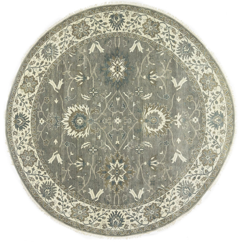 Tapis oriental taupe à motif floral Osh Chobi Peshawar, Rond 9 pi 11 po