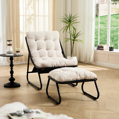 Patio Outdoor Chair With Footstool, Black Steel Frame And White Cotton Cushion, 300 - Pound Load Capacity Lounge , Comfy Sling Recliner Elastic Mesh Puffy For Reading In Bedroom