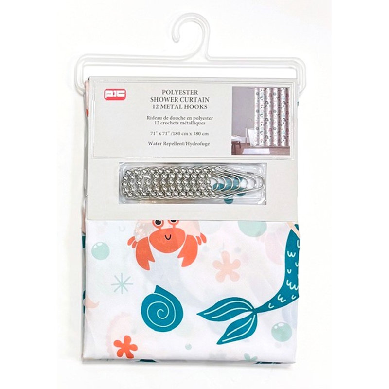 Rideau de douche en polyester avec crochets en métal - sirène