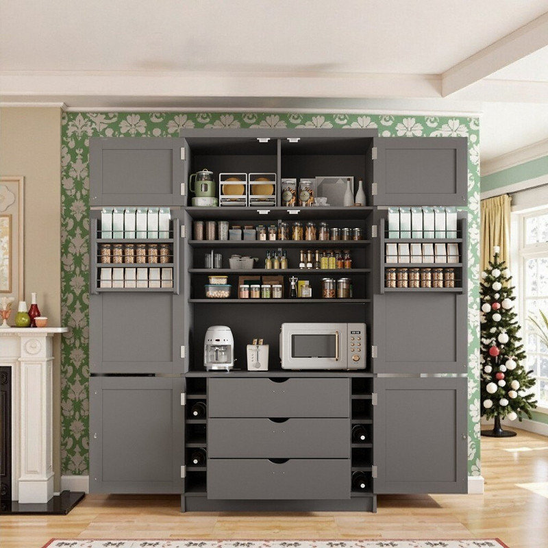 Kitchen Pantry Cabinet, 41.3" Wide Shaker Style Storage With Power Outlets & Adjustable Shelves, Gray