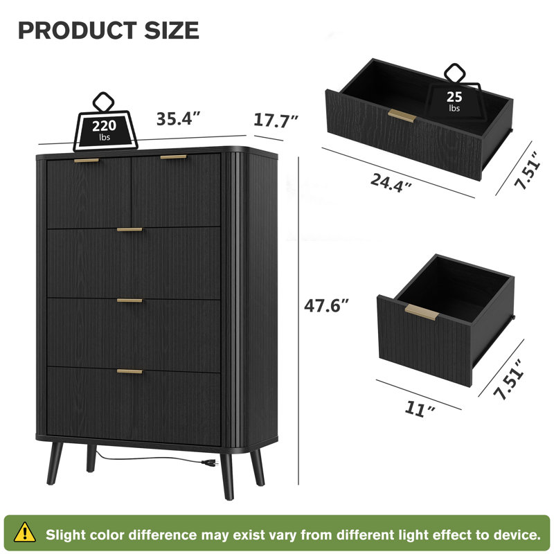 48" Tall Mid Century Modern Chest Of Drawers,Fluted 5 Drawers Dresser For Bedroom With Curved Profile Design, Wood Storage Dressers For Closet Bedroom, Living Room, Hallway, Entryway