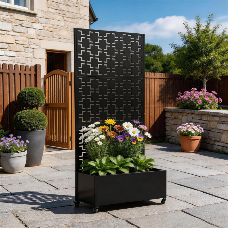Boîte à fleurs en métal avec treillis et roues Lumi, H 70,8 po x l 35,5 po x P 15,7 po, Noir