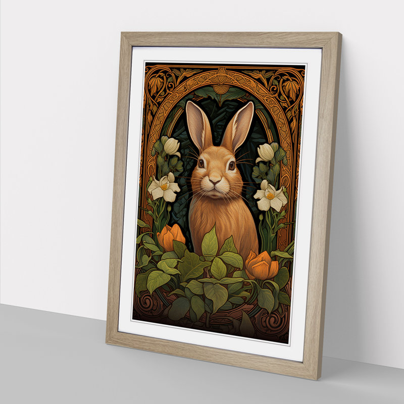 XYZ-FRM-V1223-5328 Rabbit Nouveau No.2 - Single Picture Frame Print on Wood, Oak, 34cm H x 25cm W x 2cm D