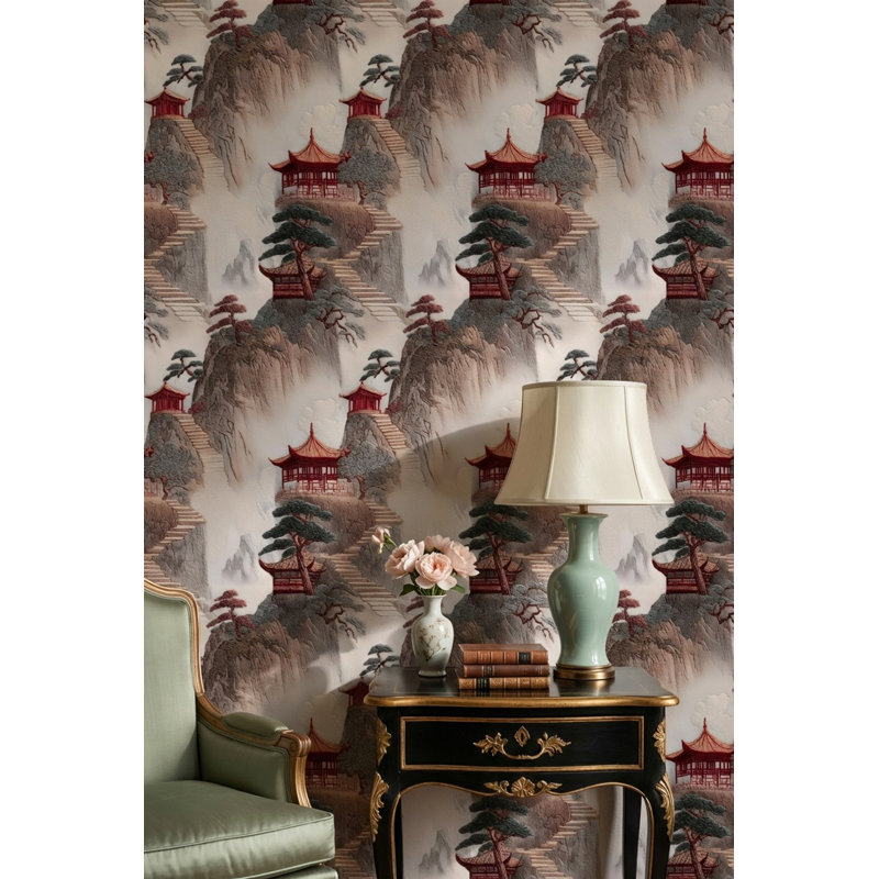 Papier peint paysage asiatique pagode sereine, Peler et coller