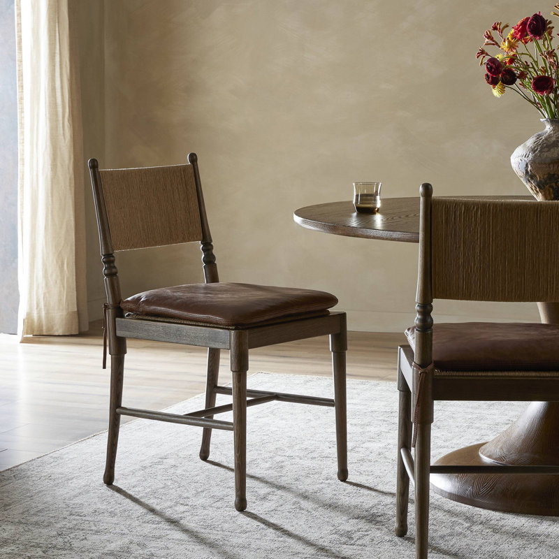Fayth Dining Chair with Cushion, Mahogany Genuine Leather, Antique Walnut
