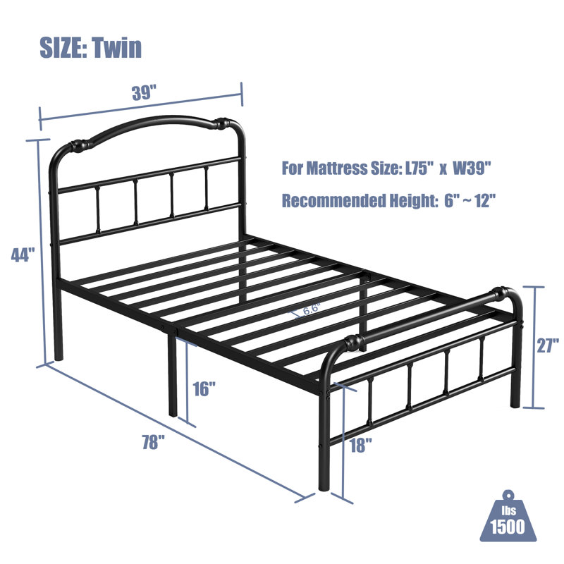 Amylia 18-Inch Heavy Duty Noiseless Non-Swaying Metal Iron Platform Bed Frame with 44” Headboard and Footboard, Black Iron