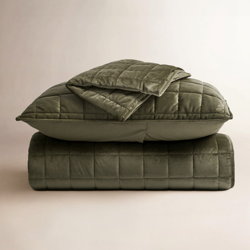Box Stitch PearlVelvet Quilt set, Queen Quilt + 2 Standard Shams, Moss Green