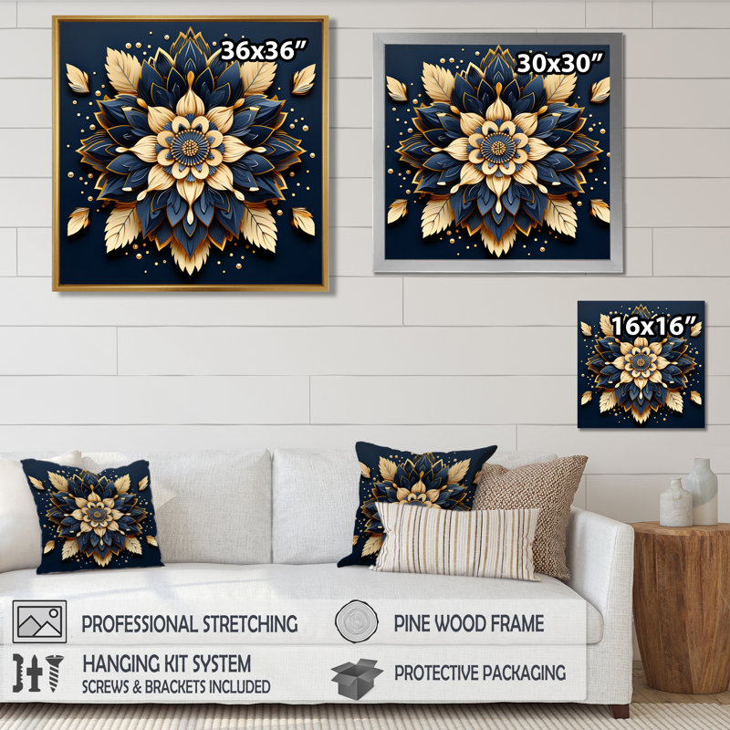 Mandala de lotus doré et bleu foncé - Botanicals, Toile avec cadre flottant noir, H 16 po x l 16 po x P 1 po