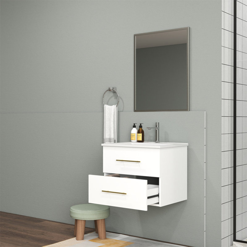 Ensemble de meuble-lavabo mural 24 po avec lavabo et miroir, deux tiroirs, lavabo en céramique, structure en aluminium argenté, assemblage facile, poignée longue en métal doré, 2 tiroirs de rangement