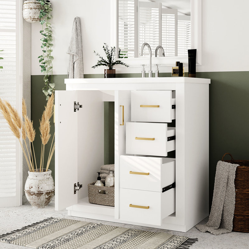 30'' Bathroom Vanity With Ceramic Sink, Solid Wood Frame, Soft - Closing Hinges, , 3 Drawers, Ample Storage, Unique Groove Pattern, Smooth Drawer Slide, Retro Style Boards, Exquisite Metal Handles,