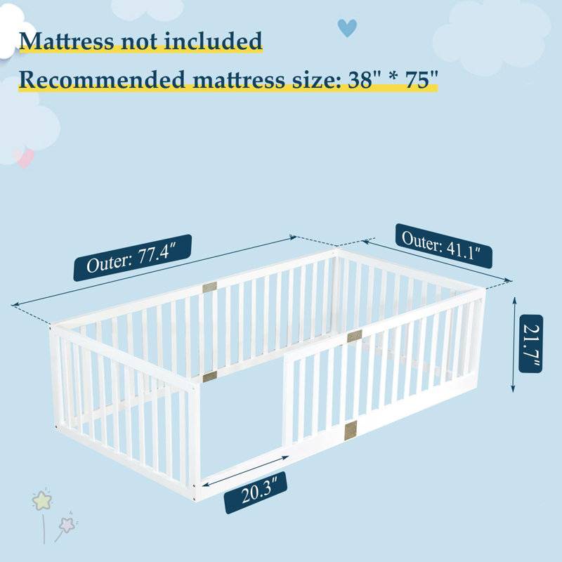 Lit simple à plancher surélevé, lit Cama Montessori en bois massif sans lattes pour enfants, Blanc