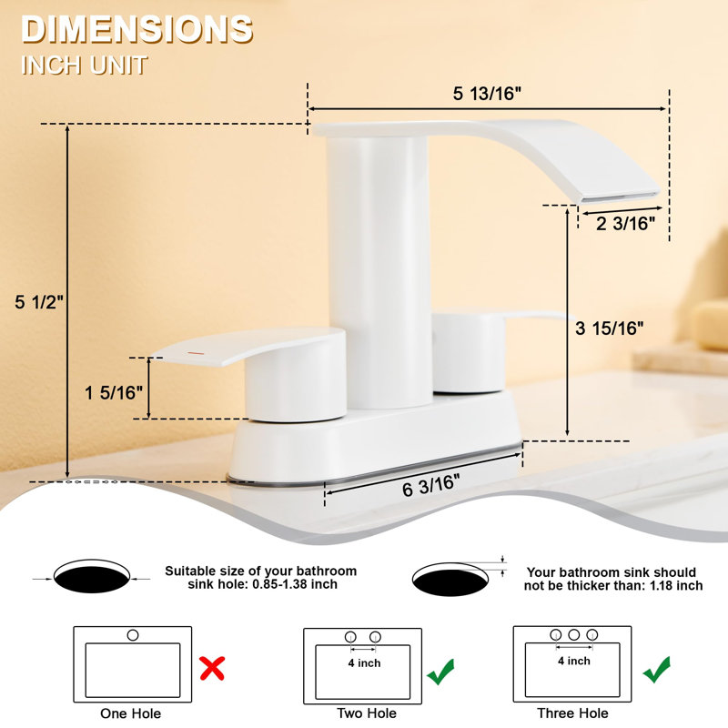 4 in. Centerset Double Handle Waterfall Spout Bathroom Sink Faucet with Pop-up Drain (2 Pack), White