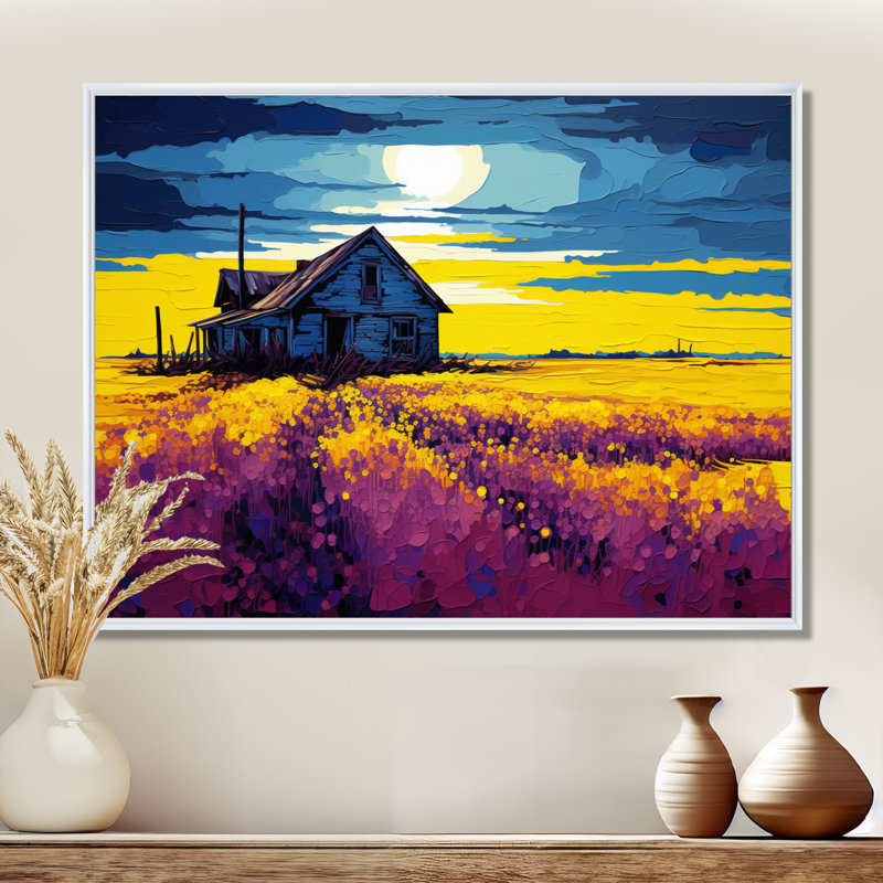 «White Country House Lavender Field Sunset», art mural paysage, Toile encadrée flottée blanche, H 30 po x l 40 po x P 1,5 po