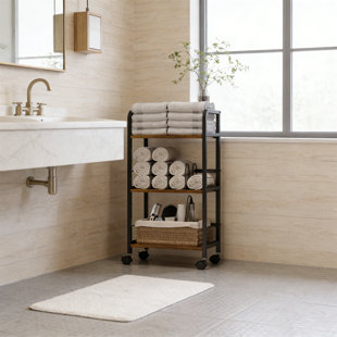 3-Tier Rolling Towel Rack With Brake Wheels And Wood Shelves For Bathroom Storage