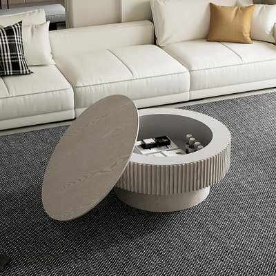Table basse 31,5 "ronde avec rangement Table d'appoint moderne en placage de bois massif pour salon, chambre à coucher, appartement ou bureau, blanc rétro