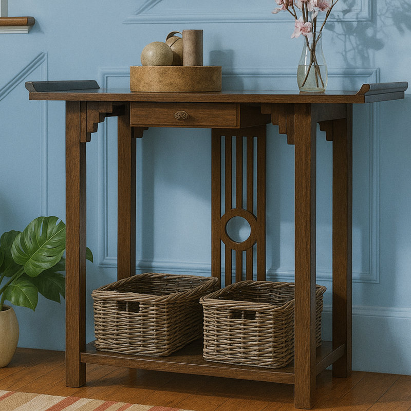 Wooden Oriental Console Table 82cm, Storage Shelves and Drawer, Hallway Table Entryway Furniture