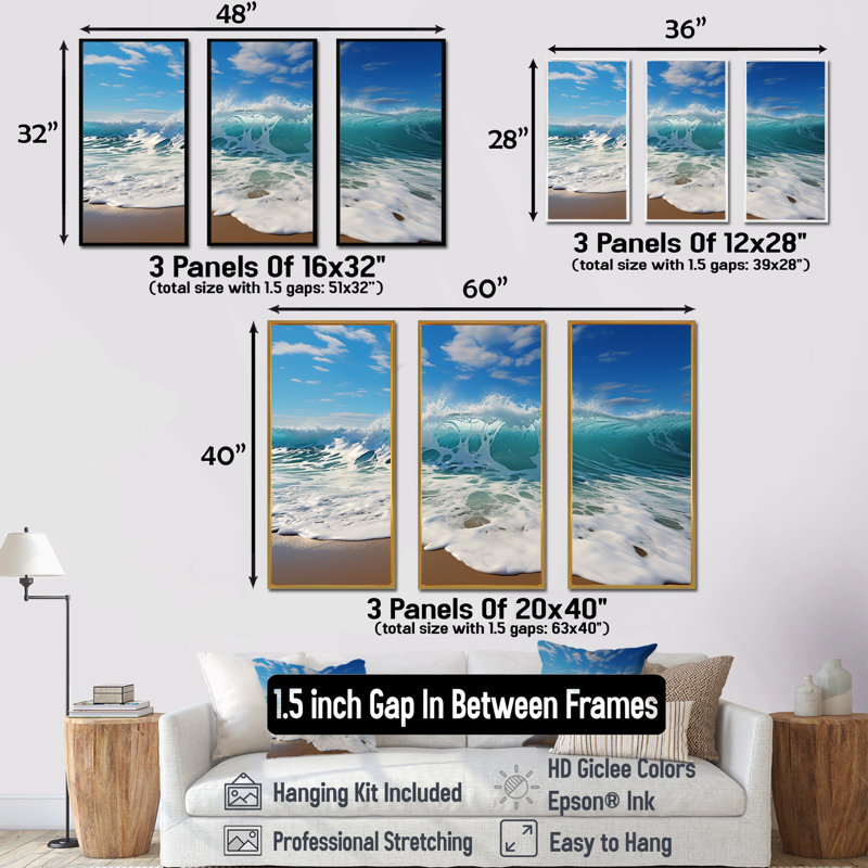 Turquoise Power of Ocean Wave - Ensemble de décoration murale bord de mer, Cadre flottant blanc, H 32 po x l 48 po x P 1 po