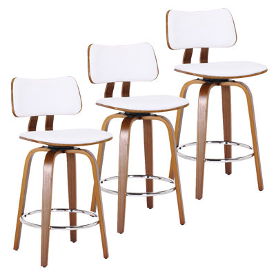 Brinson Mid-Century Faux Leather and Wood 26" Counter Stool with Swivel, Set of 3