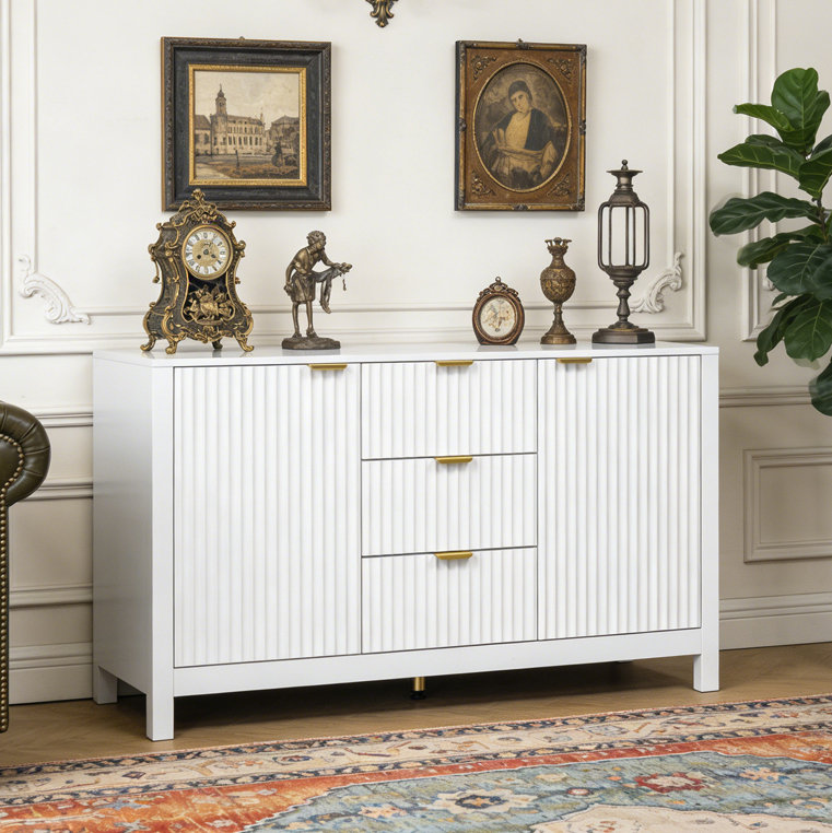 Buffet à motif ondulé - 3 tablettes réglables, 3 tiroirs et portes à fermeture en douceur, Blanc