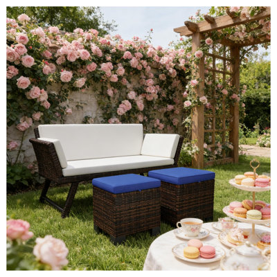 Ensemble de 2 cubes de repose-pieds en osier avec coussins - Brun et bleu foncé