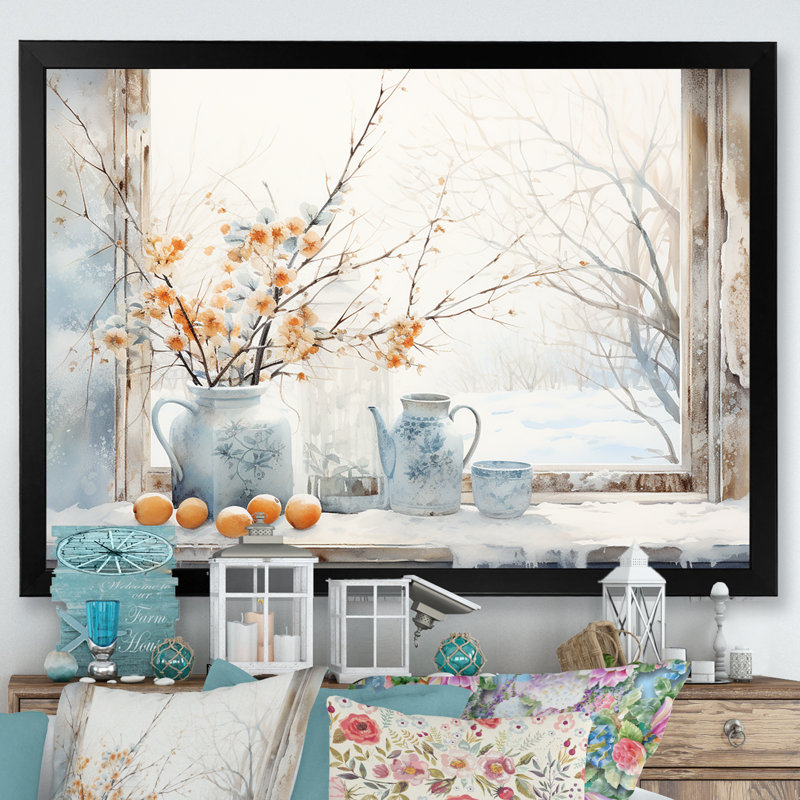 «Cottage In Winter Window Charm III», art mural fenêtres de ferme, Cadre d'angle fermé noir, H 30 po x l 40 po x P 1,5 po
