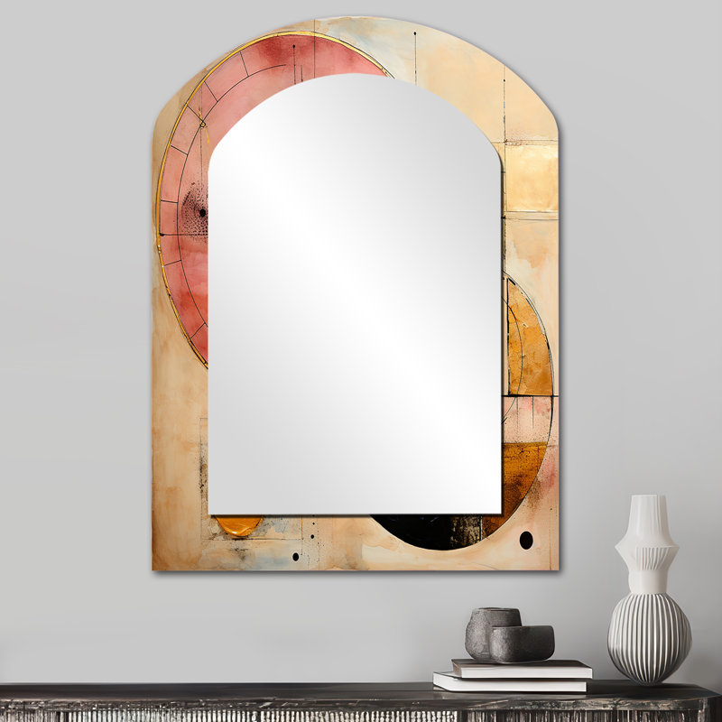 Golden Hue Horizons, rétro, rose, or, aquarelle I - grand miroir mural arqué sur métal, 34 po x 25 po