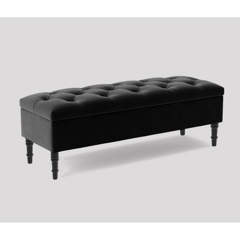 Alyana Wide Tufted Rectangle Ottoman Storage Bench - Upholstery Velvet Shoe Bench with Turned Wooden Legs, Black