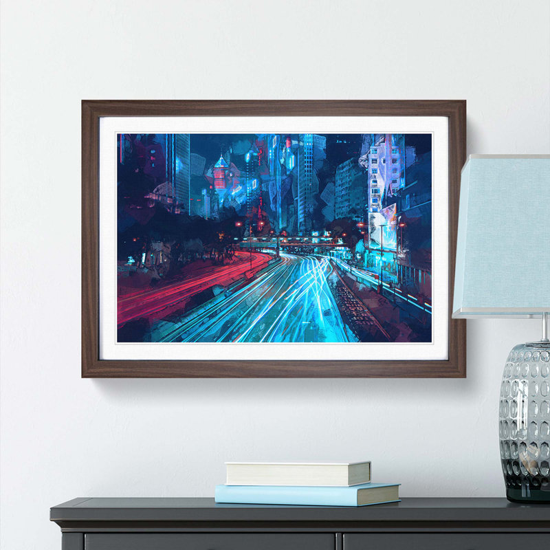 Night Lights of Hong Kong in Abstract - Picture Frame Graphic Art Print, 27cm H x 36cm W x 2cm D, Walnut Framed