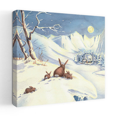 Snowy Night Rabbit Family Peaceful Abstract Rabbit Forest Landscape Wall Art Print
