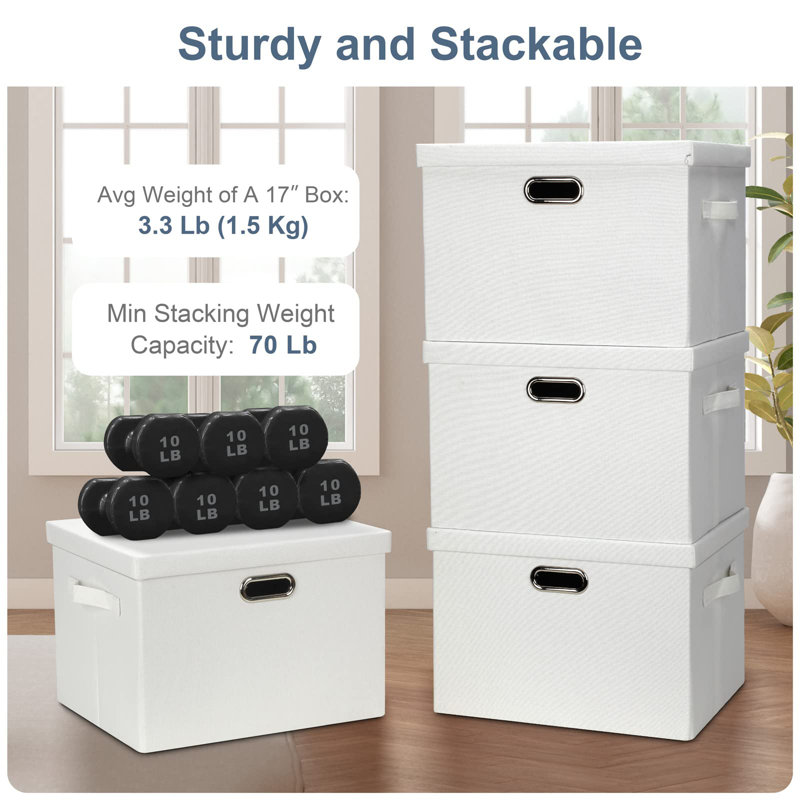 Large 17" 36 Quart Collapsible Stackable Storage Bins With Lids, White