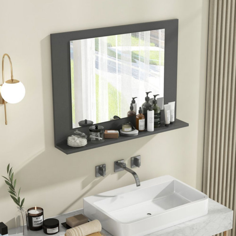 Rectangle Bathroom Mirror With Shelf 23.5 X 17.5 Inch And Wood Frame, Grey