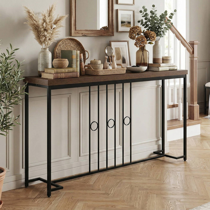 55" Industrial Style Console Table, Stable H-Shaped Reinforced Metal Base & Scratch-Resistant Waterproof Tabletop, Anti-Tip Design Suitable For Entryway, Living Room