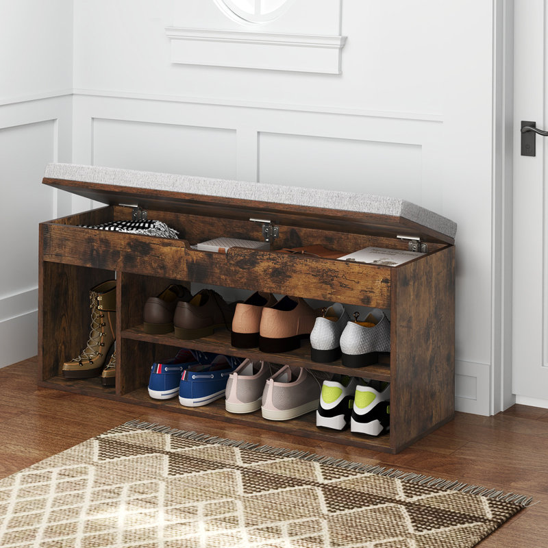 Shoe Bench Home Entryway Shoes Storage Bench w/ Padded Seat & Hidden Storage , Brown/Grey