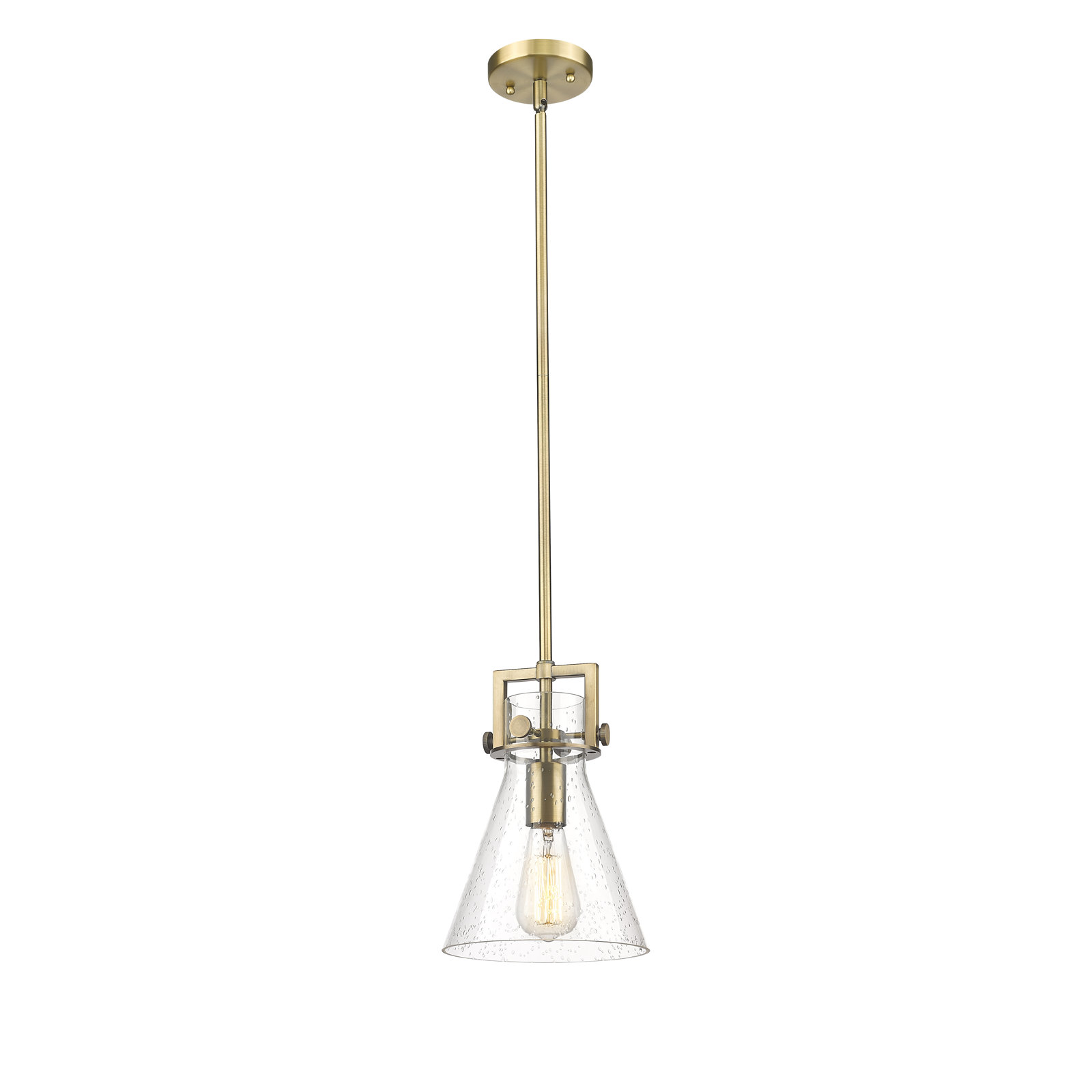 Coterie Single Light Glass Dimmable Pendant, Brushed Brass, Seedy, 11.38" H x 8" W x 8" D