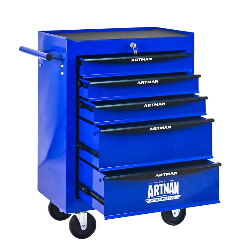 Coffre à outils roulant en métal avec 5 tiroirs, Noir / Bleu