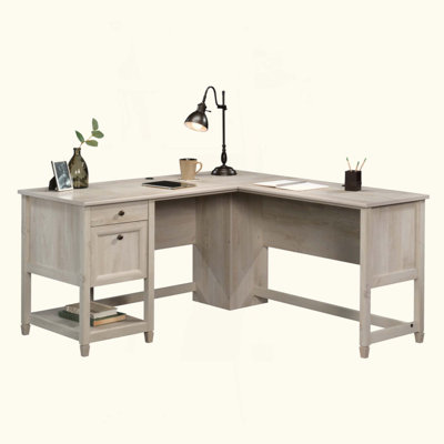 Bureau en L Coastal avec tiroirs classeurs, bureau de coin spacieux avec rangement et gestion des câbles, bureau à domicile brun
