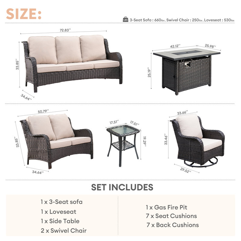 7-Person Outdoor High Back Seating Group With Cushions,Swivel Rockers And Fire Pit,All-Weather Wicker Patio Set, Orange Red