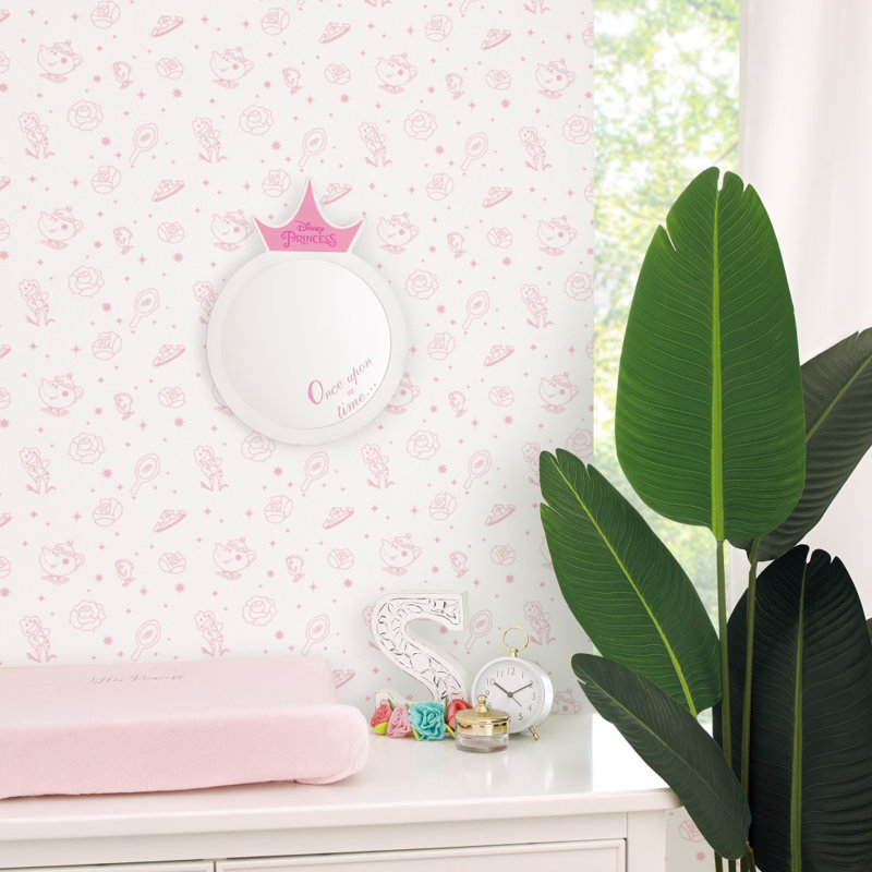  NoJo Disney Once Upon a Time Princess White Round Wooden Framed Wall Mirror with Pink Tiara