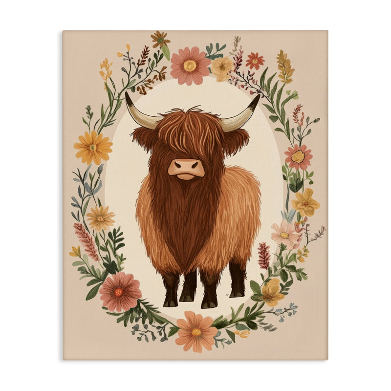 Toile Cutesy Floral Highland Cow, design par Petal Prints Design, H 20 po x l 16 po