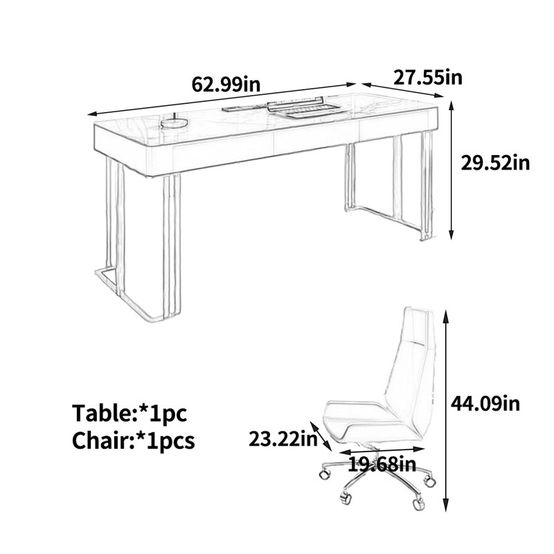 Bureau exquis haut de gamme, H 29,52 po x l 62,99 po x P 27,55 po