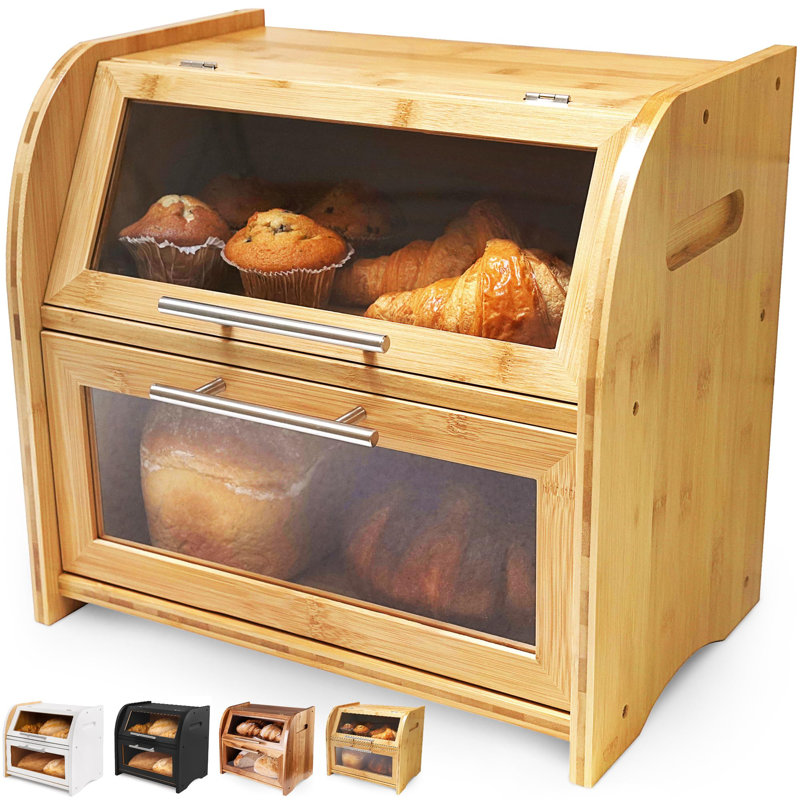 Stylish Bamboo Bread Box For Kitchen Countertop, Extra Large 2-Shelf Wooden Bread Storage Container With Clear Windows And Air Vents Keep Bread, Bagels And Rolls Fresh, Self Assembly