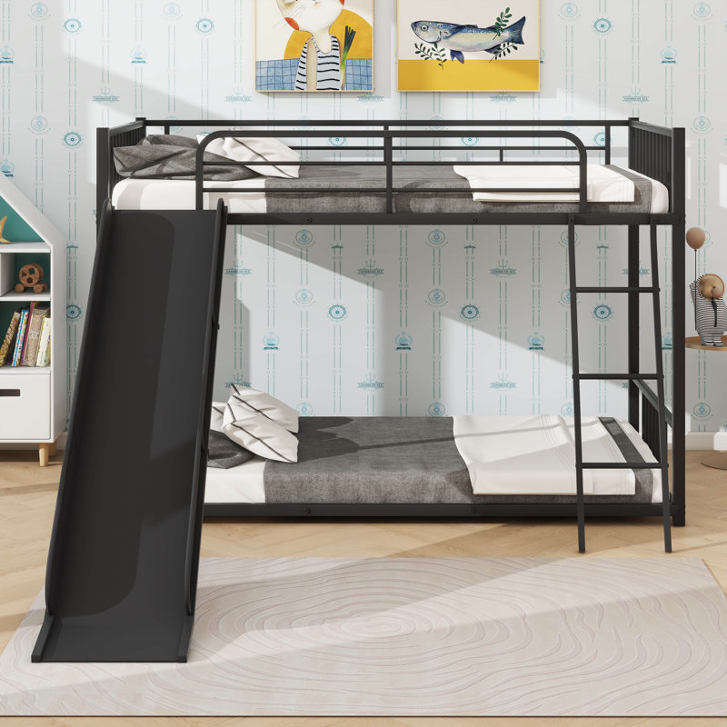 Sturdy Metal Bunk Bed With Slide, Twin Over Twin Design, Black